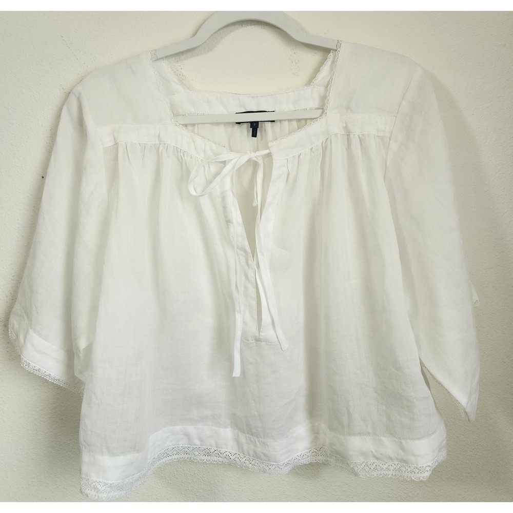 Rag & Bone White Ramie Lace Trim Peasant Blouse Square Neck Tie Front Top L